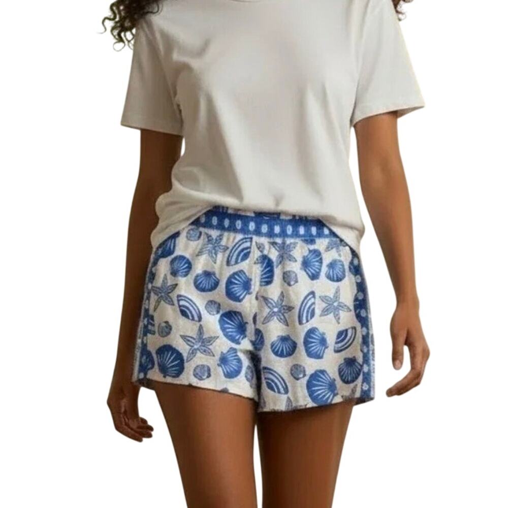 NEW Calypso St Barth Blue & White Cotton Seashell Print Sleep Shorts Size L